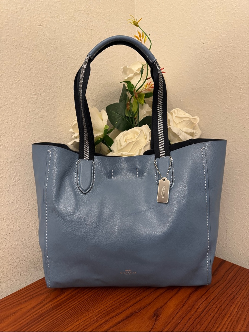 Coach Blue Leather Tote with Navy Striped Handles - Picture 14 of 16